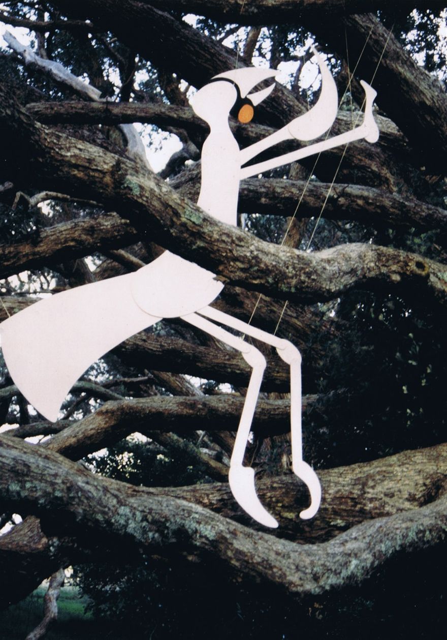 This puppet, hung in 'The Magic Tree,' a giant old pōhutukawa on Waiheke Island, is attended to by the poem: